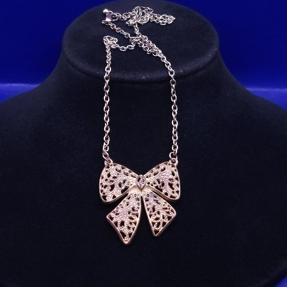 Gold-tone Filigree Bow Pendant Necklace - Women Jewelry